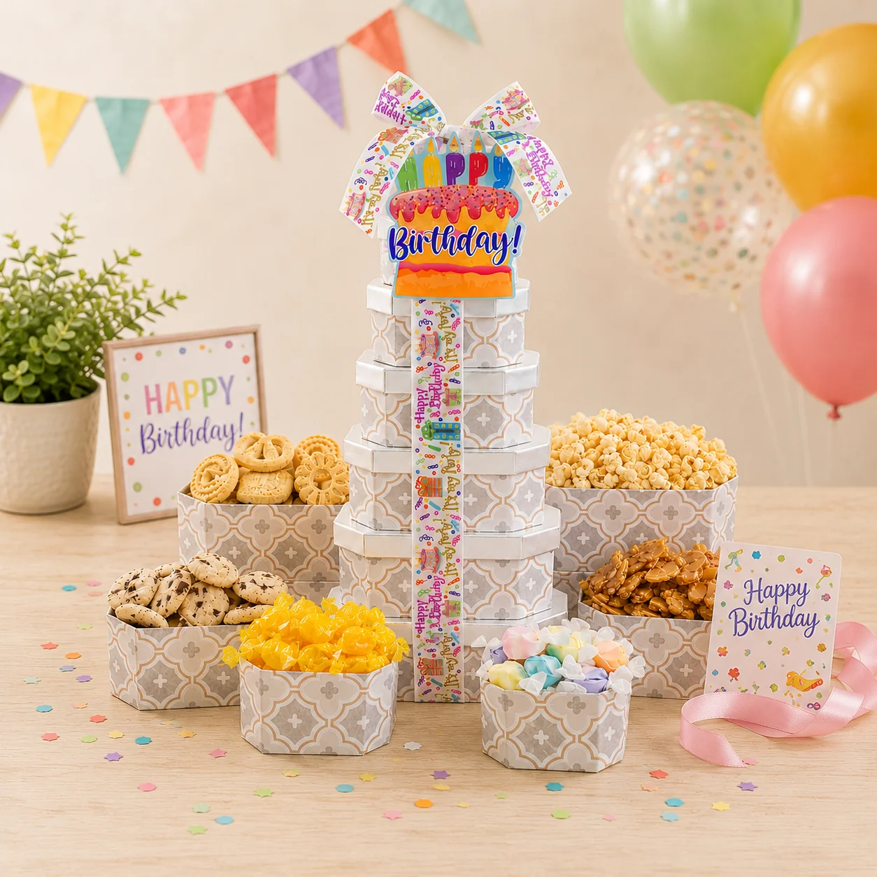 Soft Happy Birthday Gift Tower of Treats Natural