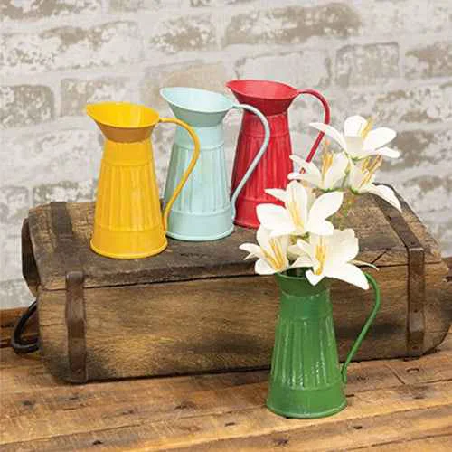 High-Quality Set of 4 Mini Rustic Ribbed Metal Water Pitchers Crafted
