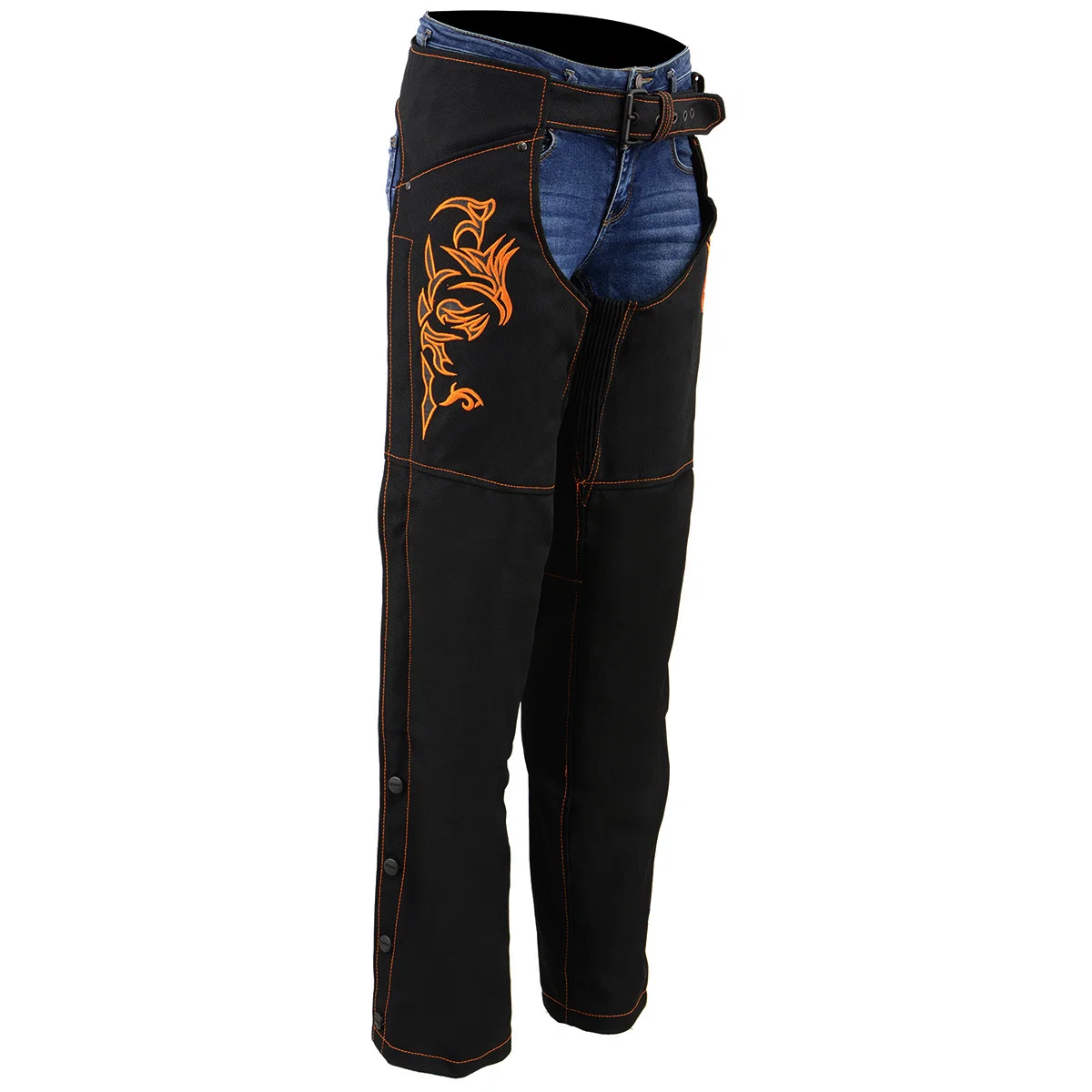 Reliable Milwaukee Leather SH1182 Women's Black with Orange Textile Motorcycle Riding Chaps with Tribal Embroidery Classic