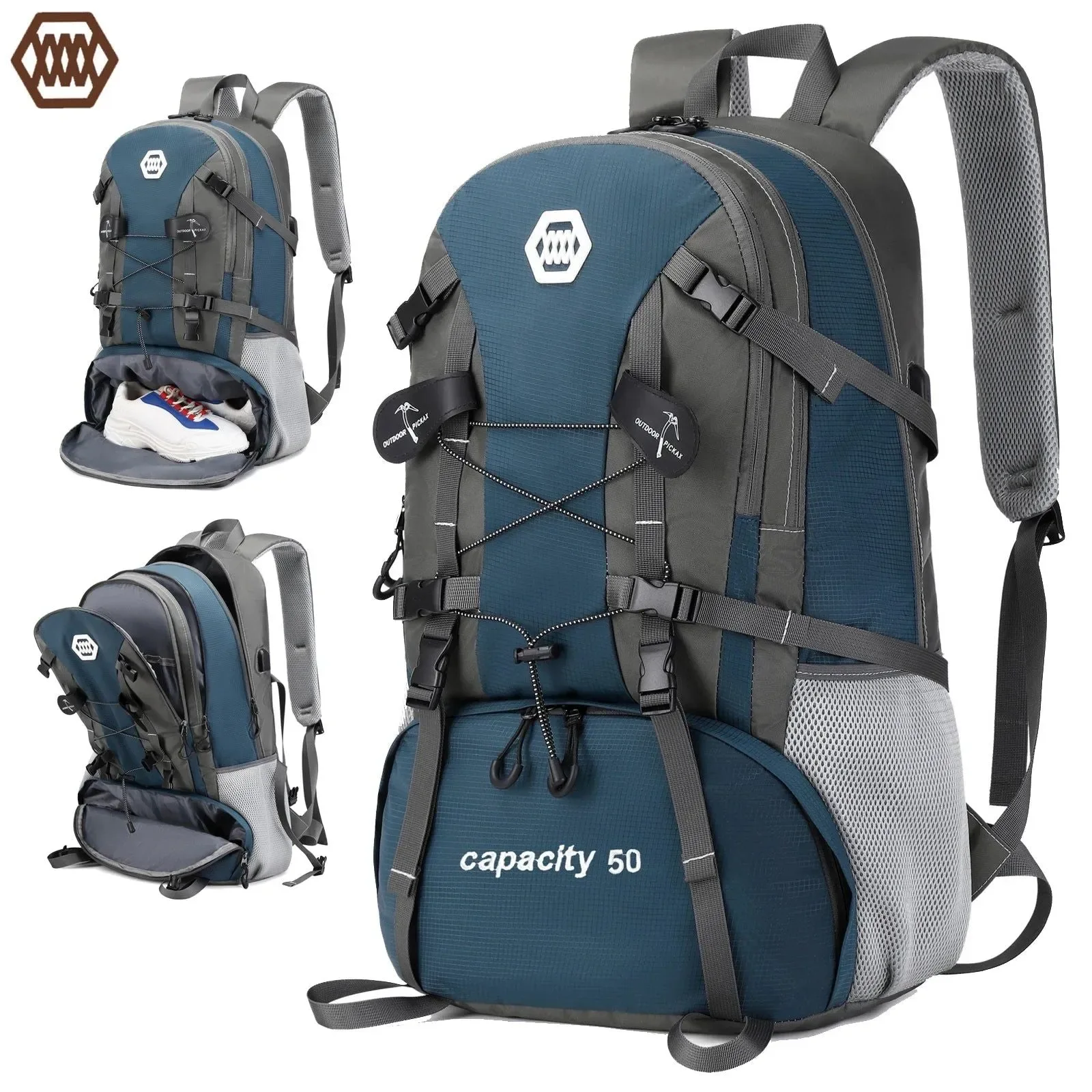 Unique Mochila de senderismo impermeable de 50 l con compartimento para zapatos i para hombres y mujeres. Proven