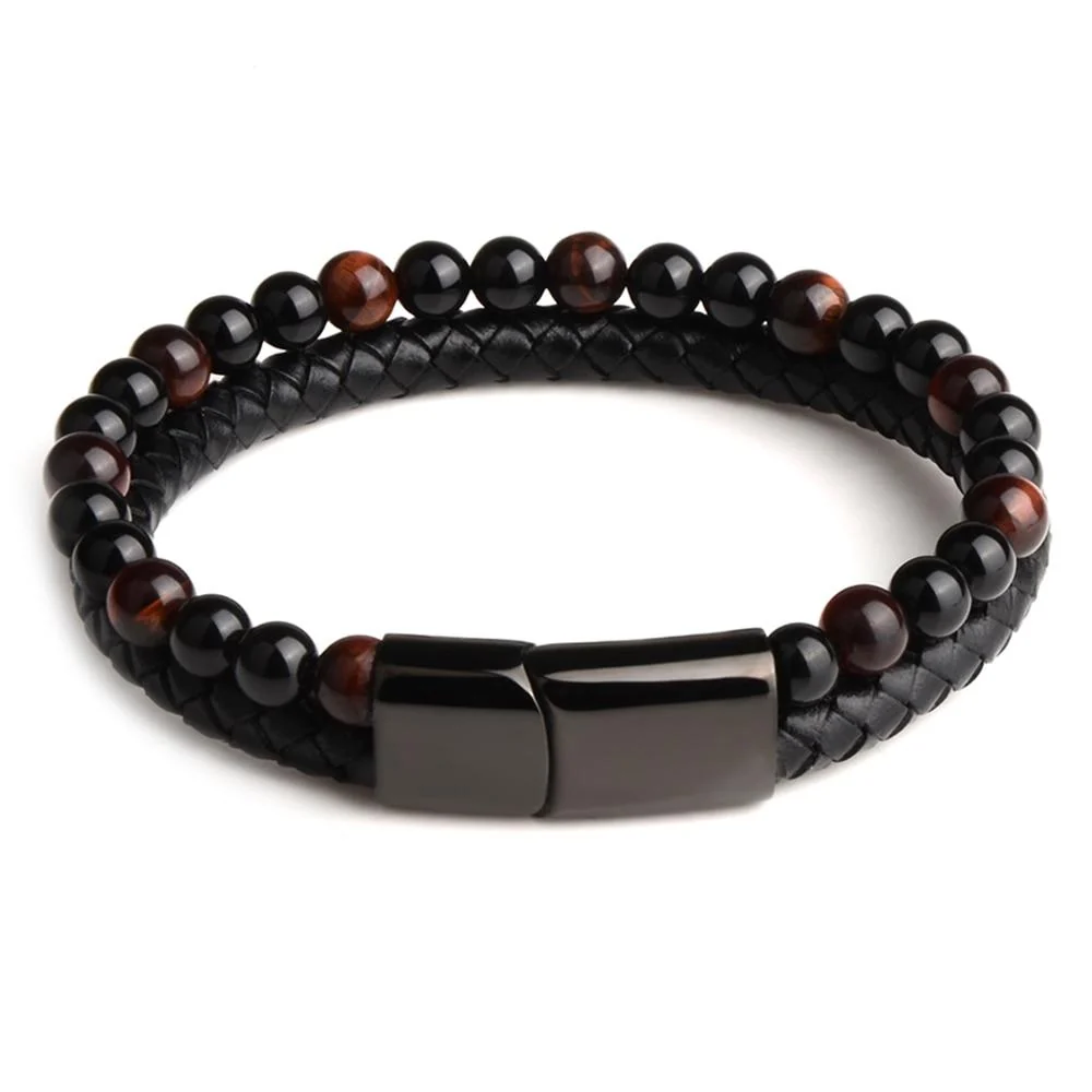 Luxury Pulsera de cuentas de piedra natural y cuero Convenient