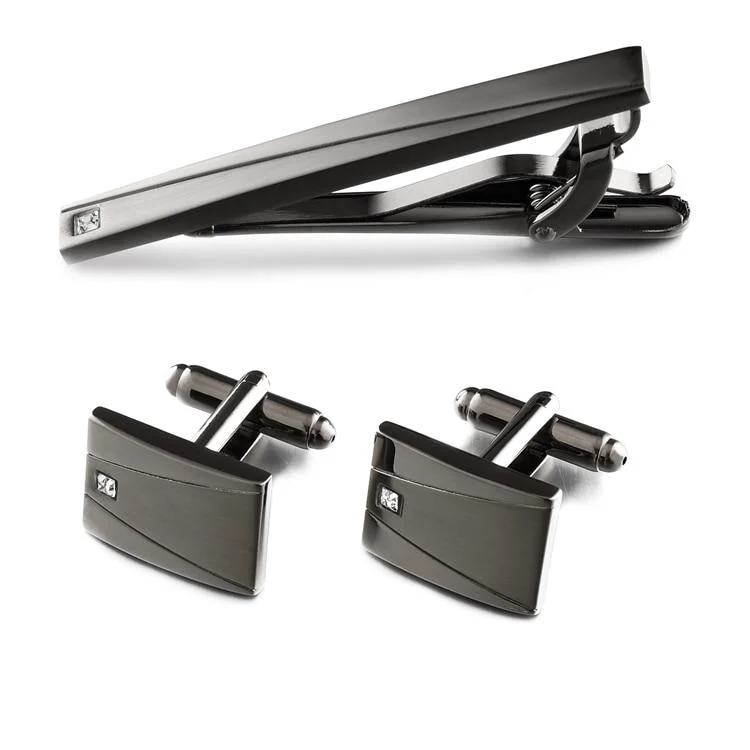 Premium Set de gemelos y pasador de corbata Gunmetal Enhanced