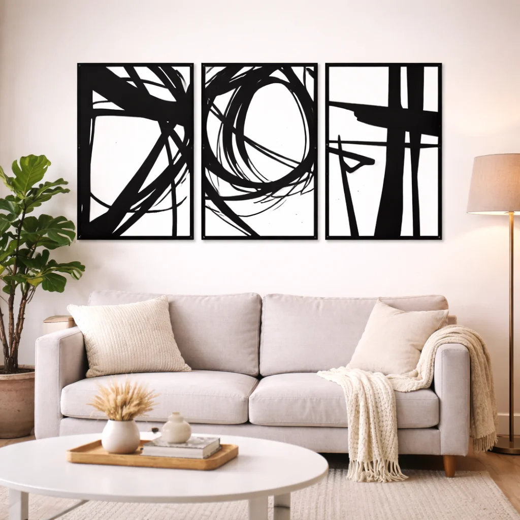 Enhanced Orbit Trio-Black Framed Abstract Metal Wall Art Set of 3 Genuine