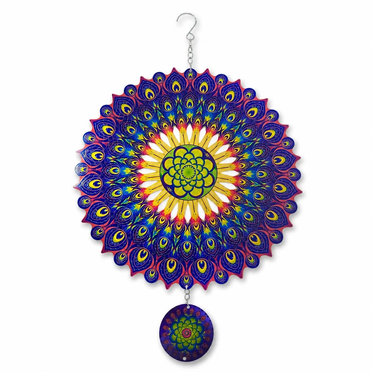 Reusable Mandala Stainless Steel Wind Spinner with Hanging Charm Disc 12in - 3D Outdoor Garden Decor Fine