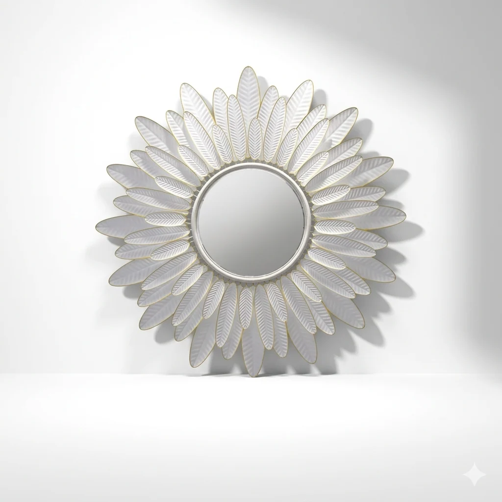 Fast Aurelia White Petal Sunburst Wall Mirror-32in Metal Glass Statement Mirror Luxury