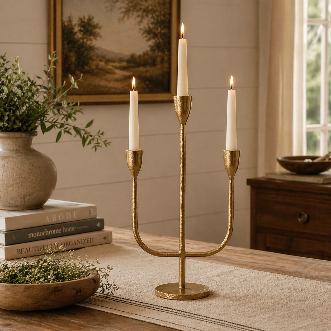 High-Grade Antique Brass 3-Arm Candelabra Candle Holder Certified