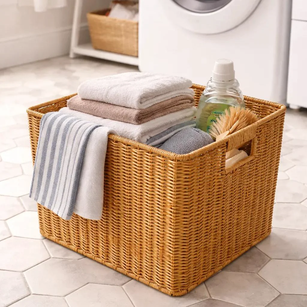 Versatile Cafe Tan Basketweave Storage Bin with Cutout Handles Comfortable