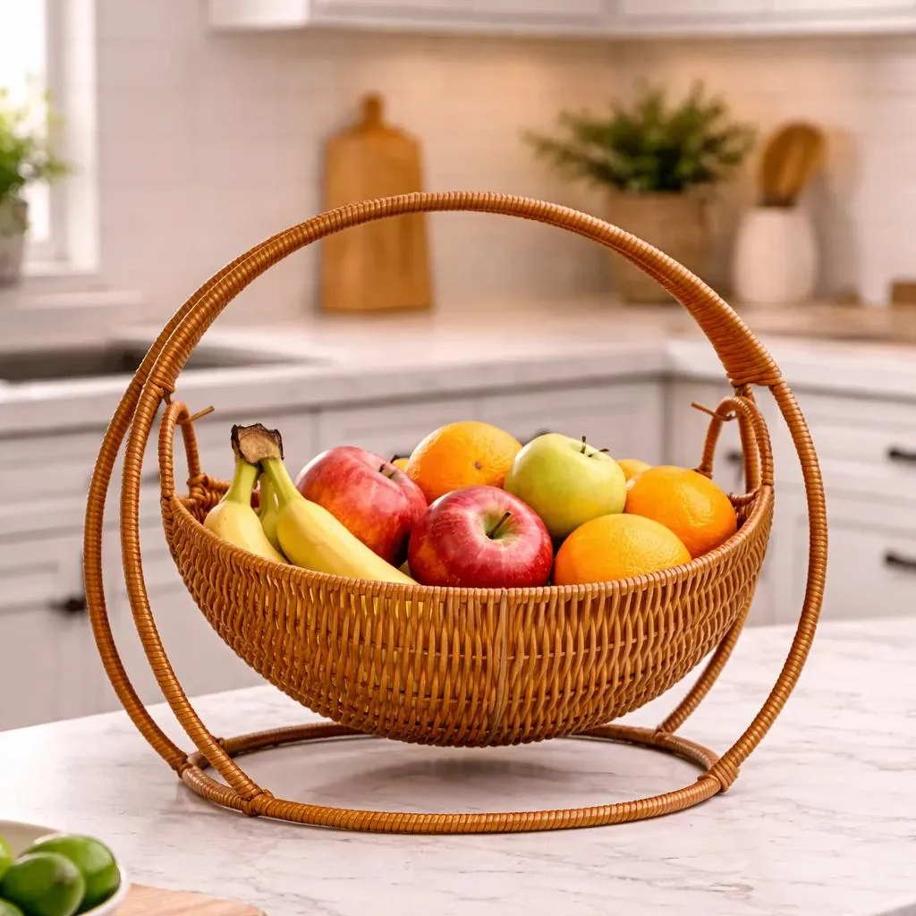 Smooth Arc Rocker Produce Basket-Wicker-Look Countertop Fruit Holder Enhanced