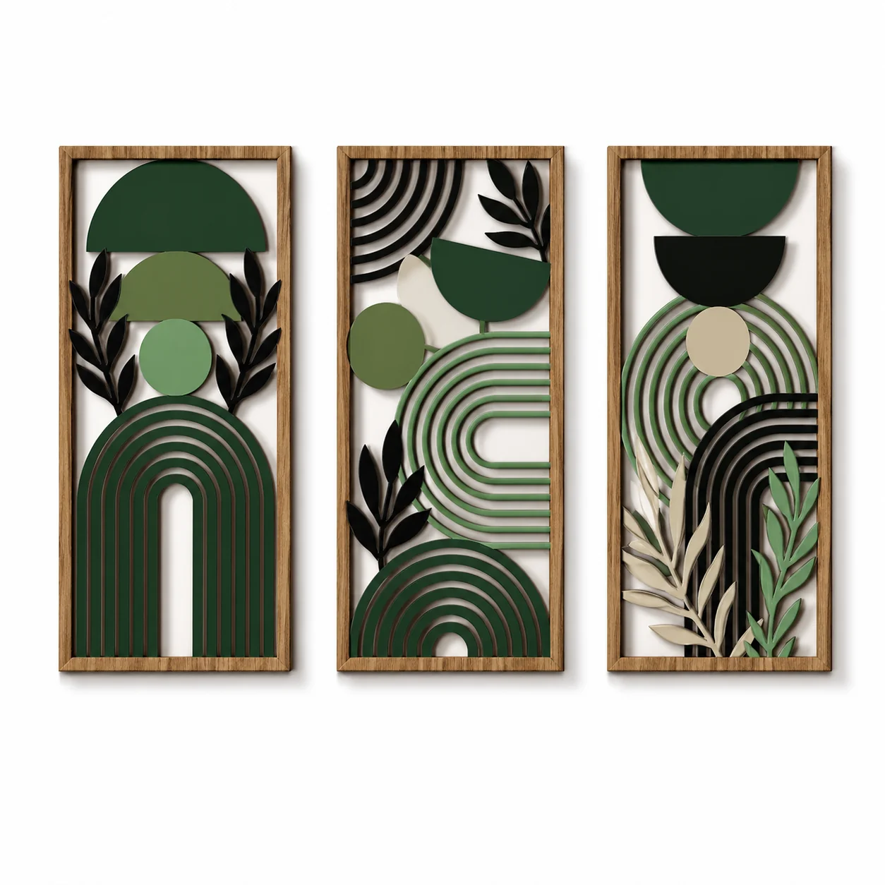 Lightweight Designer Openwork Triptych Wall Art Set of 3 -Wood-Look Framed Statement Panels 32.6in x 16.54in Elite