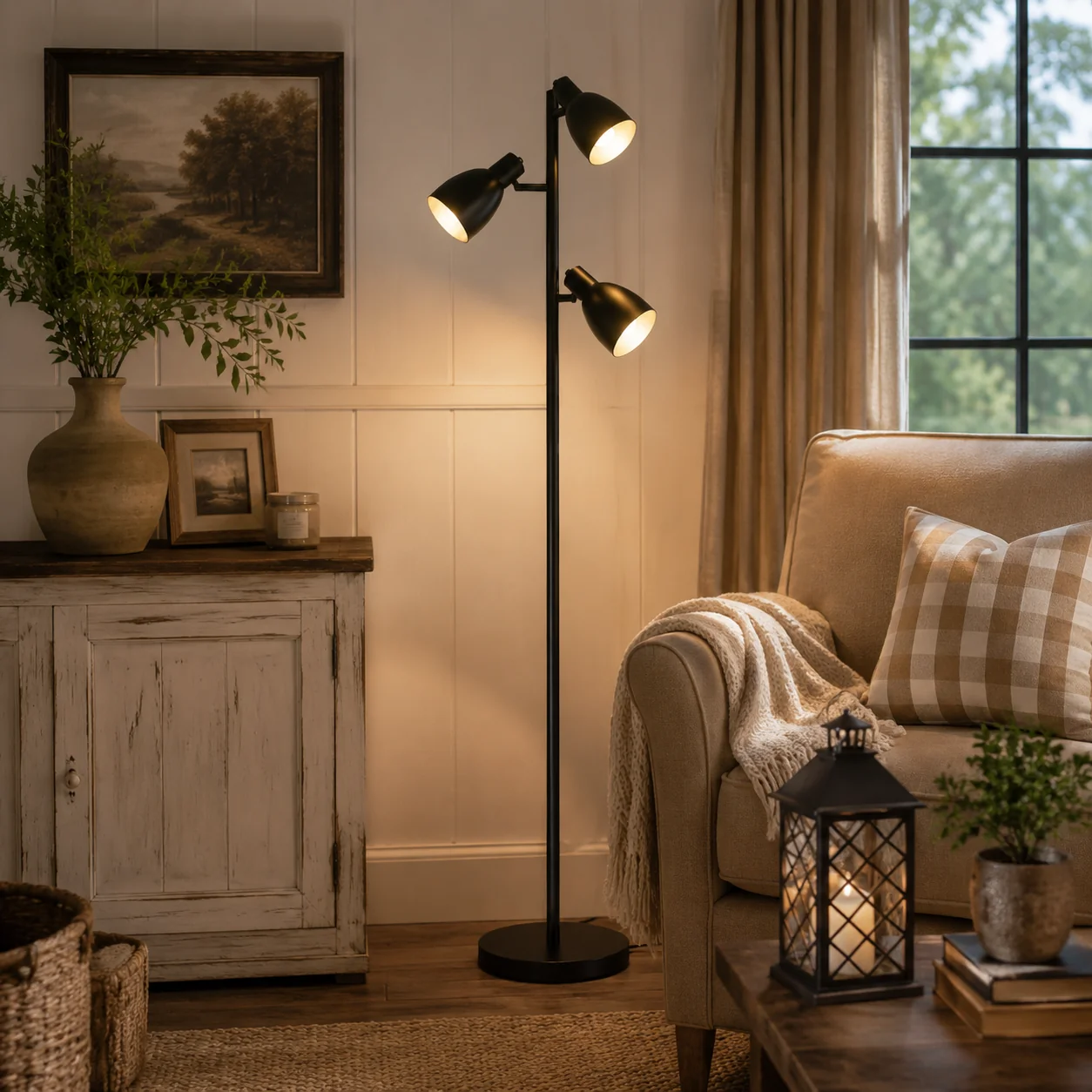 Smooth Trio Spotlight Floor Lamp-Black Iron 3 Adjustable Heads Verified