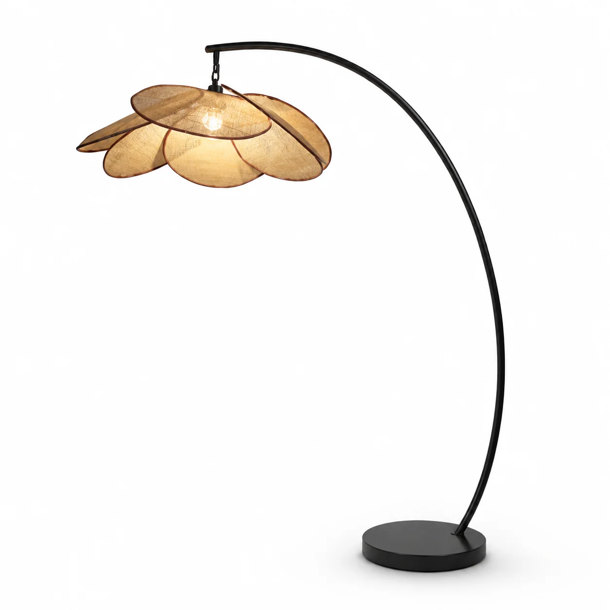 Enhanced Black Arc Floor Lamp with Rattan Petal Shade Functional