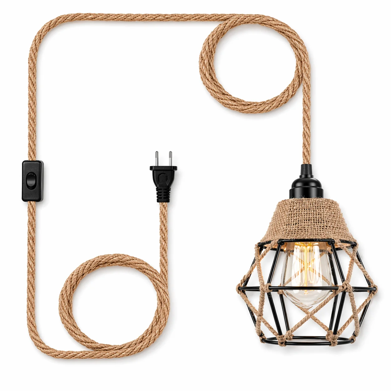 Breathable Jute Rope Diamond Cage Plug-In Pendant Light-3m Cord E26 Socket Bulb Not Included Smart