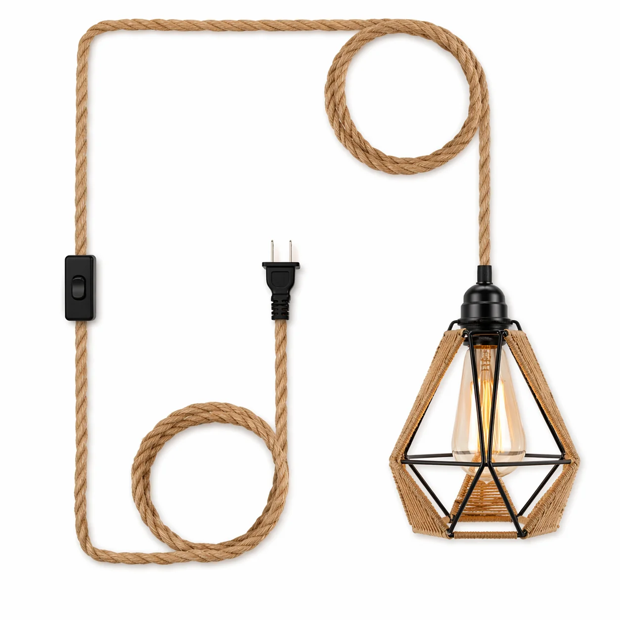 Artisan Jute Rope Prism Cage Plug-In Pendant Light-3m Cord E26 Socket Bulb Not Included Efficient