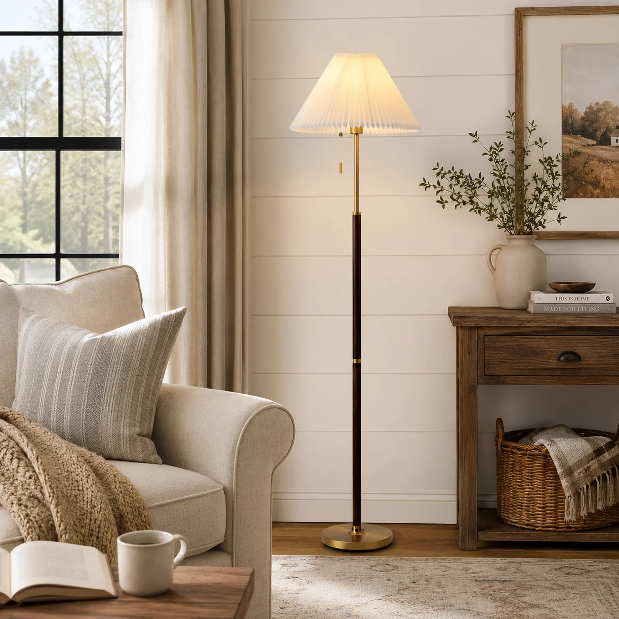 Reusable Pleated Shade Brass Walnut Floor Lamp User-Friendly