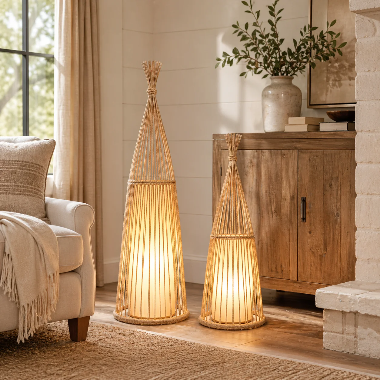 Unique Bamboo Tower Floor Lamp with Faux Shearling Shade 2 Heights Elegant