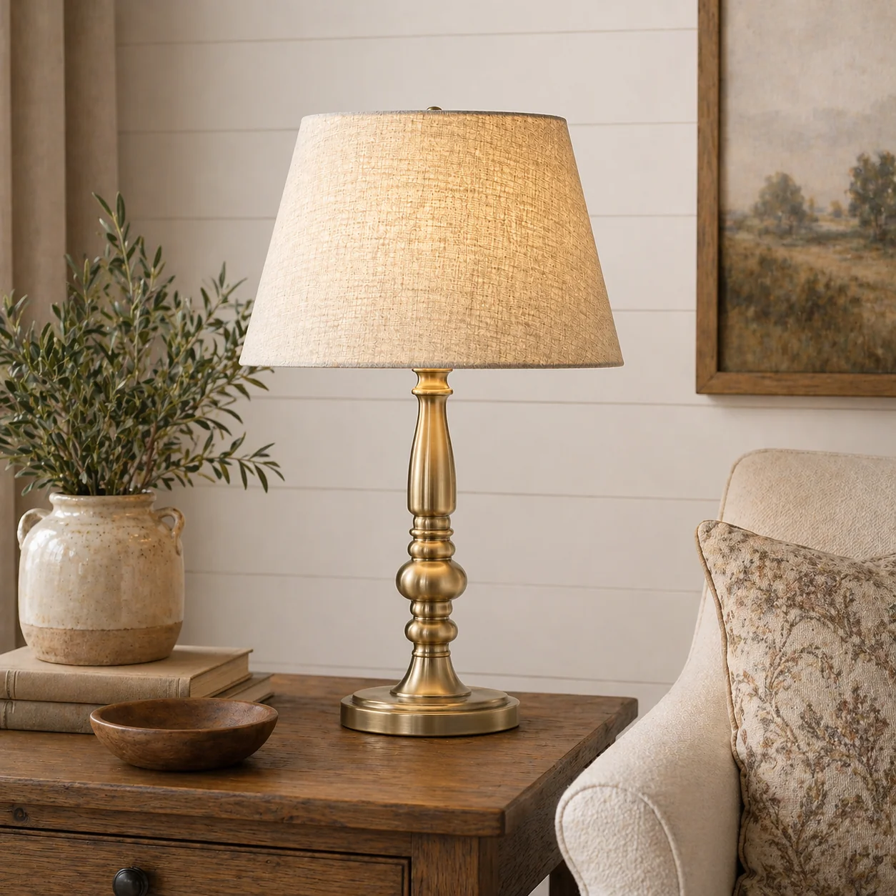 Efficient Antique Brass Column Table Lamp with Textured Linen Shade Dependable