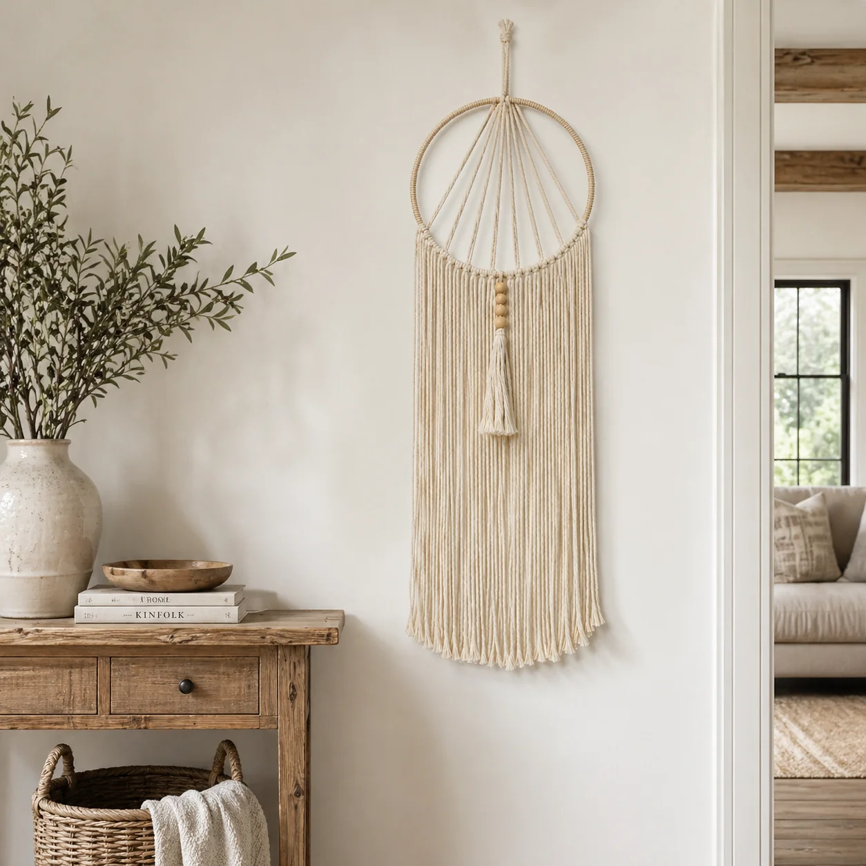 Relaxed Dreamcatcher-Inspired Macrame-A Clean Hoop Silhouette with Long Airy Fringe Responsible
