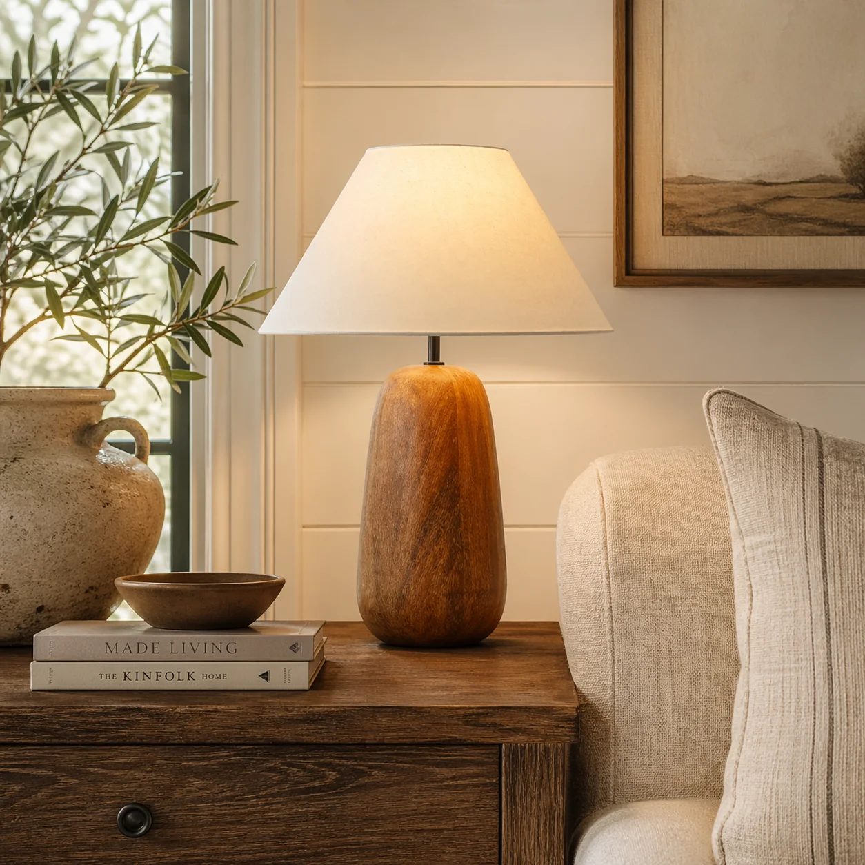 Stylish Sculpted Wood Table Lamp-Natural Atelier Elegant