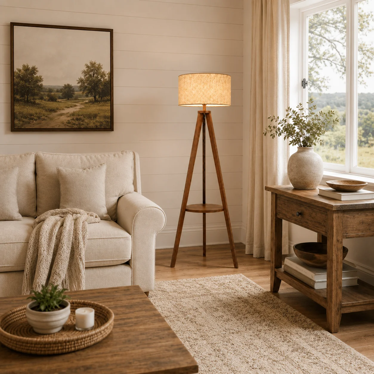 Proven Walnut Tripod Floor Lamp with Shelf Pleated Fabric Shade Functional