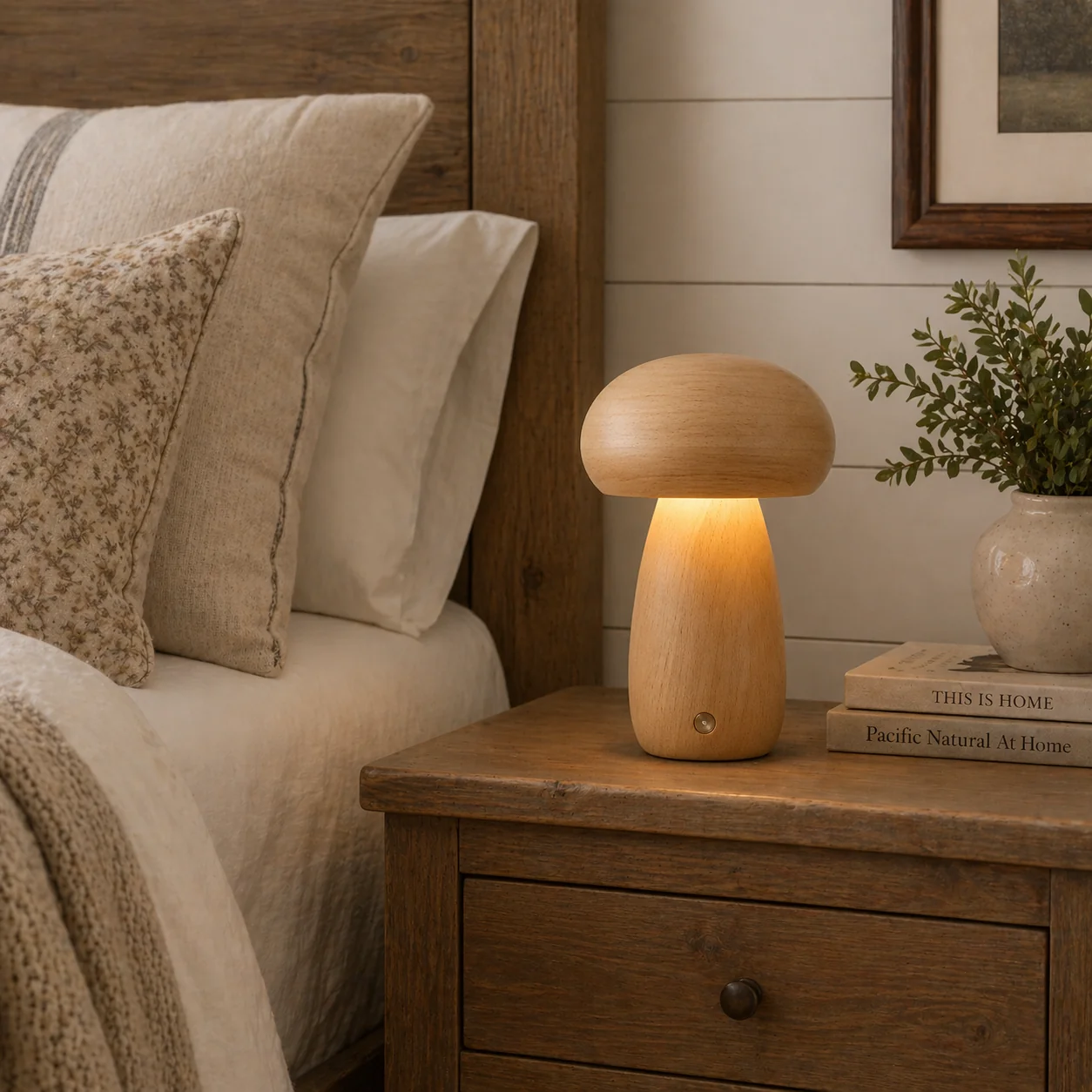 Durable Wood Mushroom Night Light-Touch Dimmable Convenient