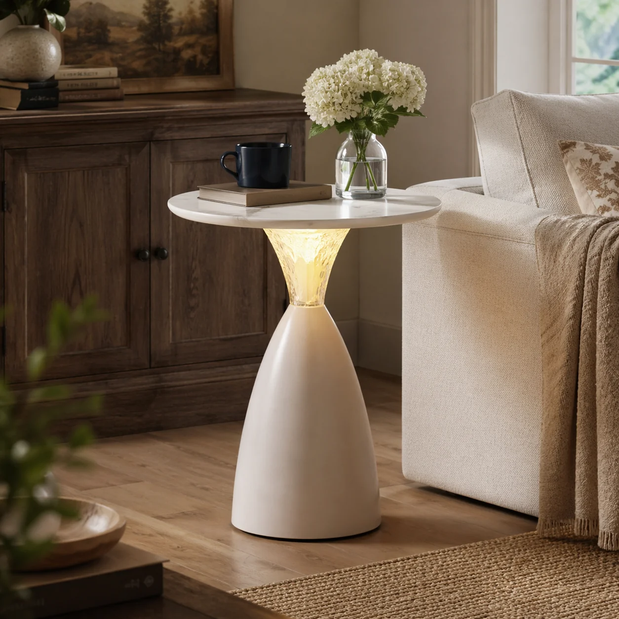 Smart RippleGlow Rechargeable LED Side Table with Sintered Stone Top-Water Ripple Glow White Authentic