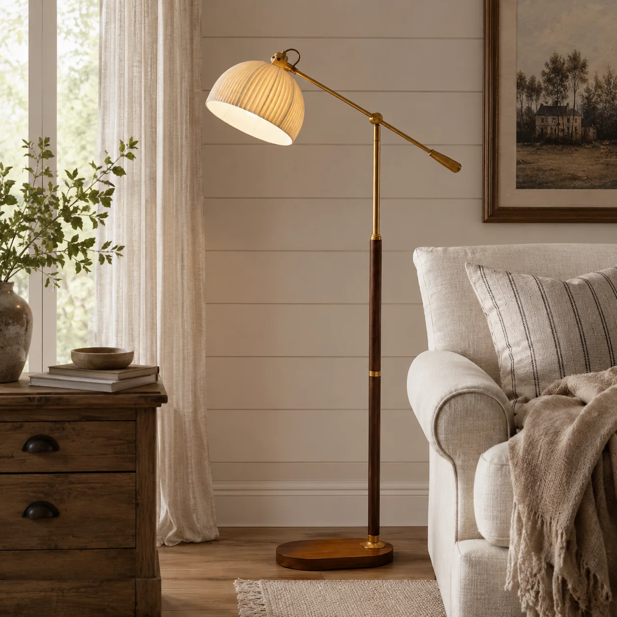 Secure Brassline Reading Floor Lamp with Pleated Shade E26 Atelier Effective