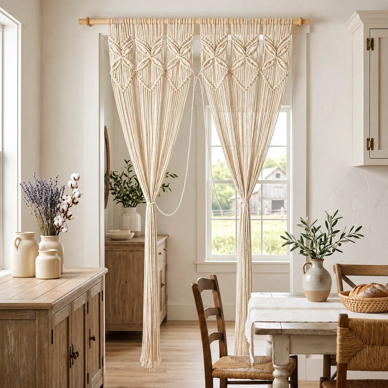 Reusable Textured Room Divider-Macrame Curtain Panel with Included Wood Rod Premium Material