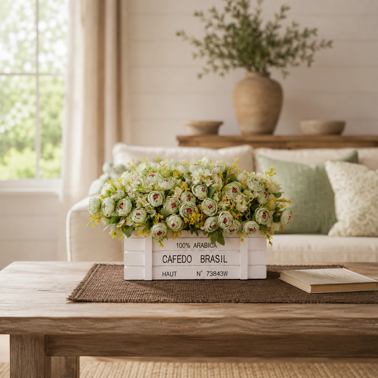 Green Sage Garden Fence Arrangement in White Wood Planter Breathable