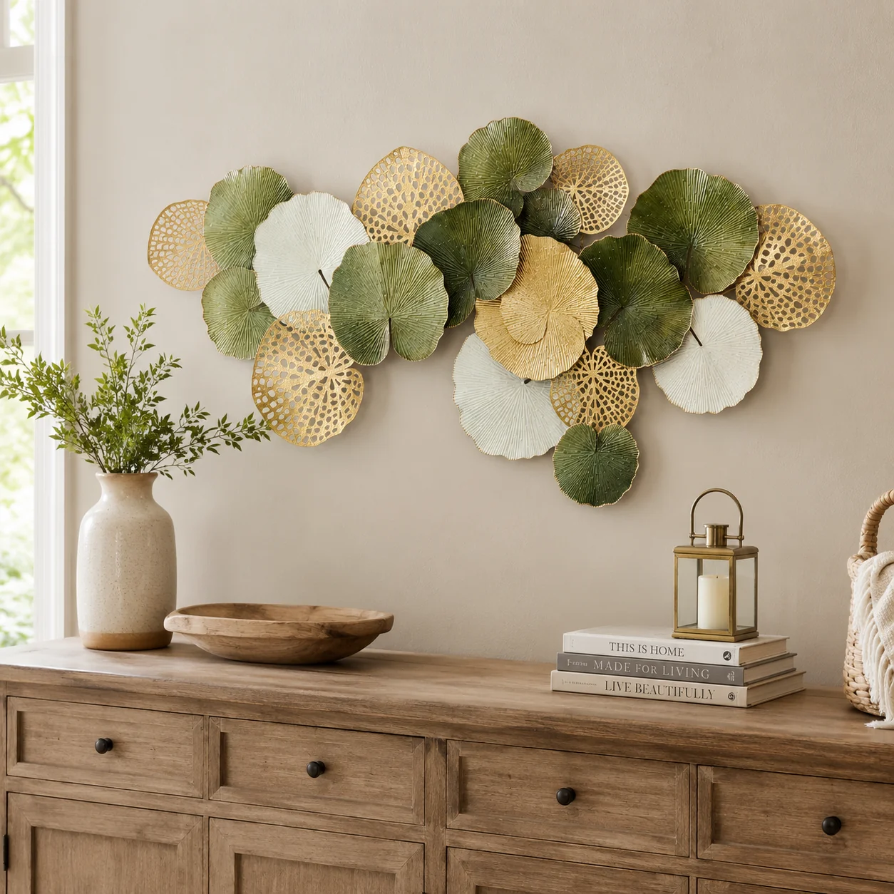 Recyclable Verdant Lily Pad Metal Wall Art-Green Brushed Gold 52.4x24.8in Excellent