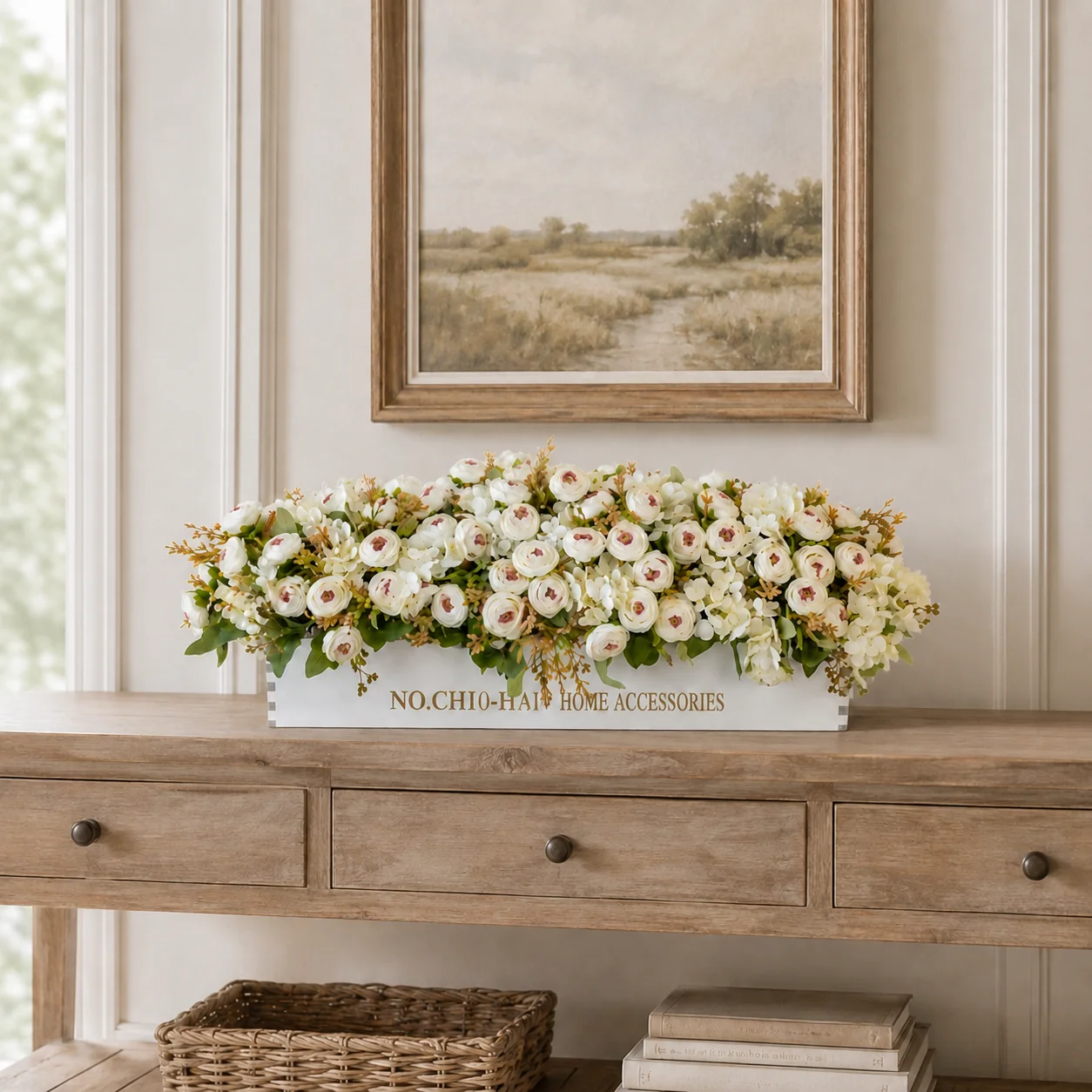 Exclusive Vintage Tea Rose Fence Arrangement in Wooden Fence Planter-White 24in Refined