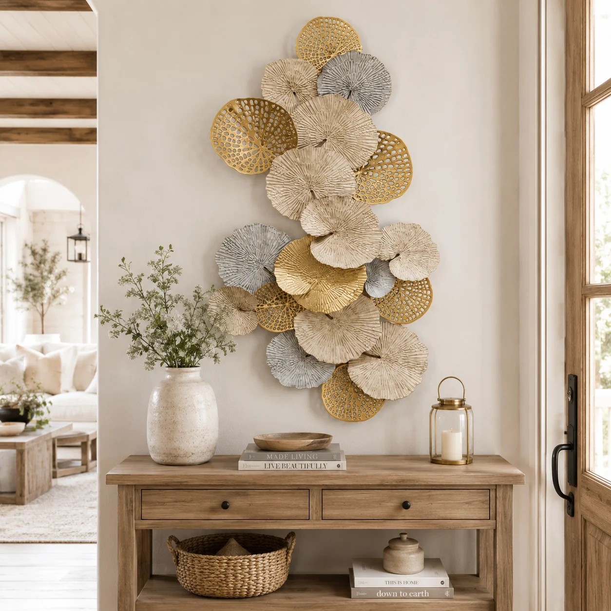 Certified Lotus Leaf Metal Wall Sculpture Oversized Gold Blue Botanical Wall Art High-Performance
