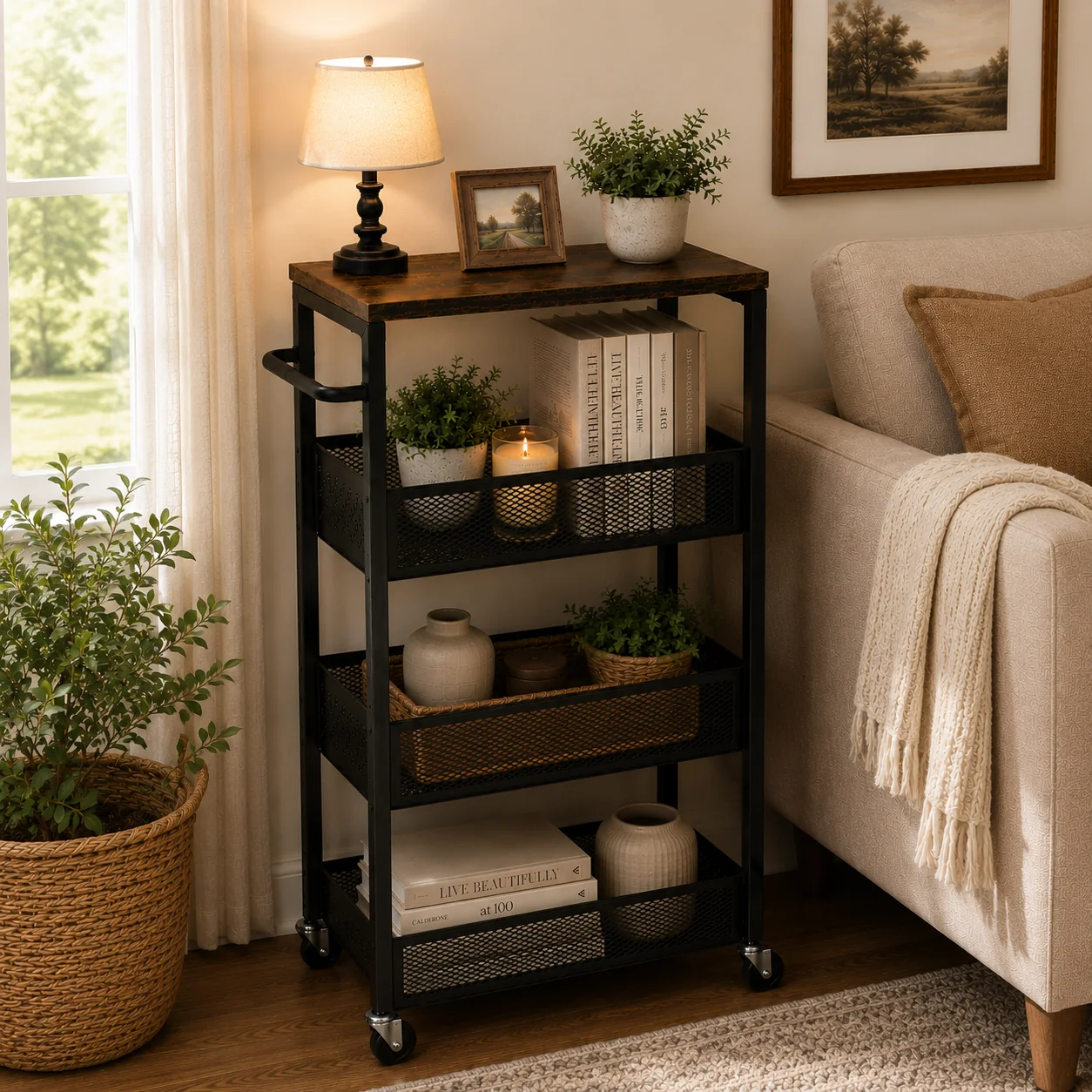 Healthy 3-Tier Slim Rolling Storage Cart for Narrow Spaces Natural