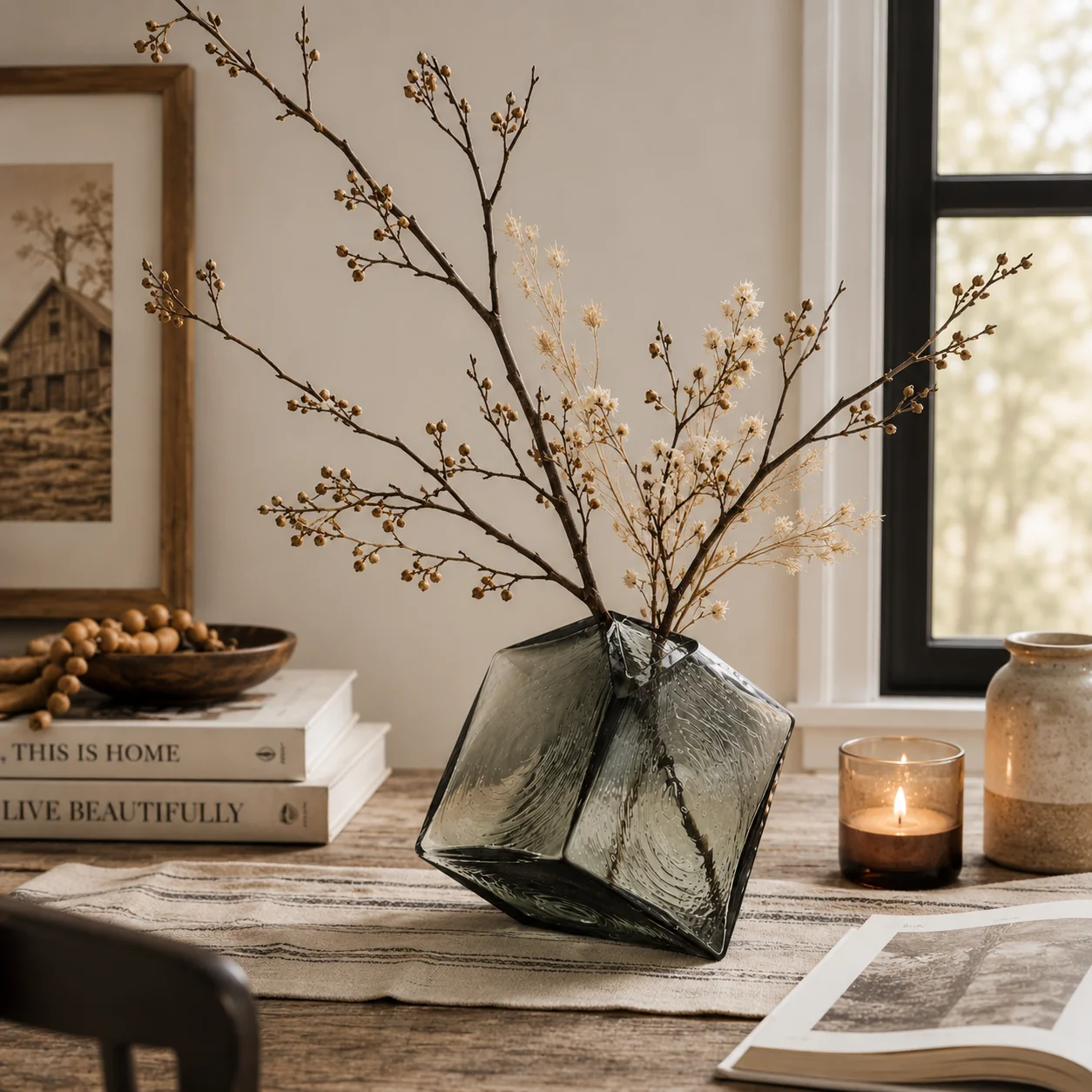 Organic Atelier Smoke Faceted Thick Glass Vase Professional