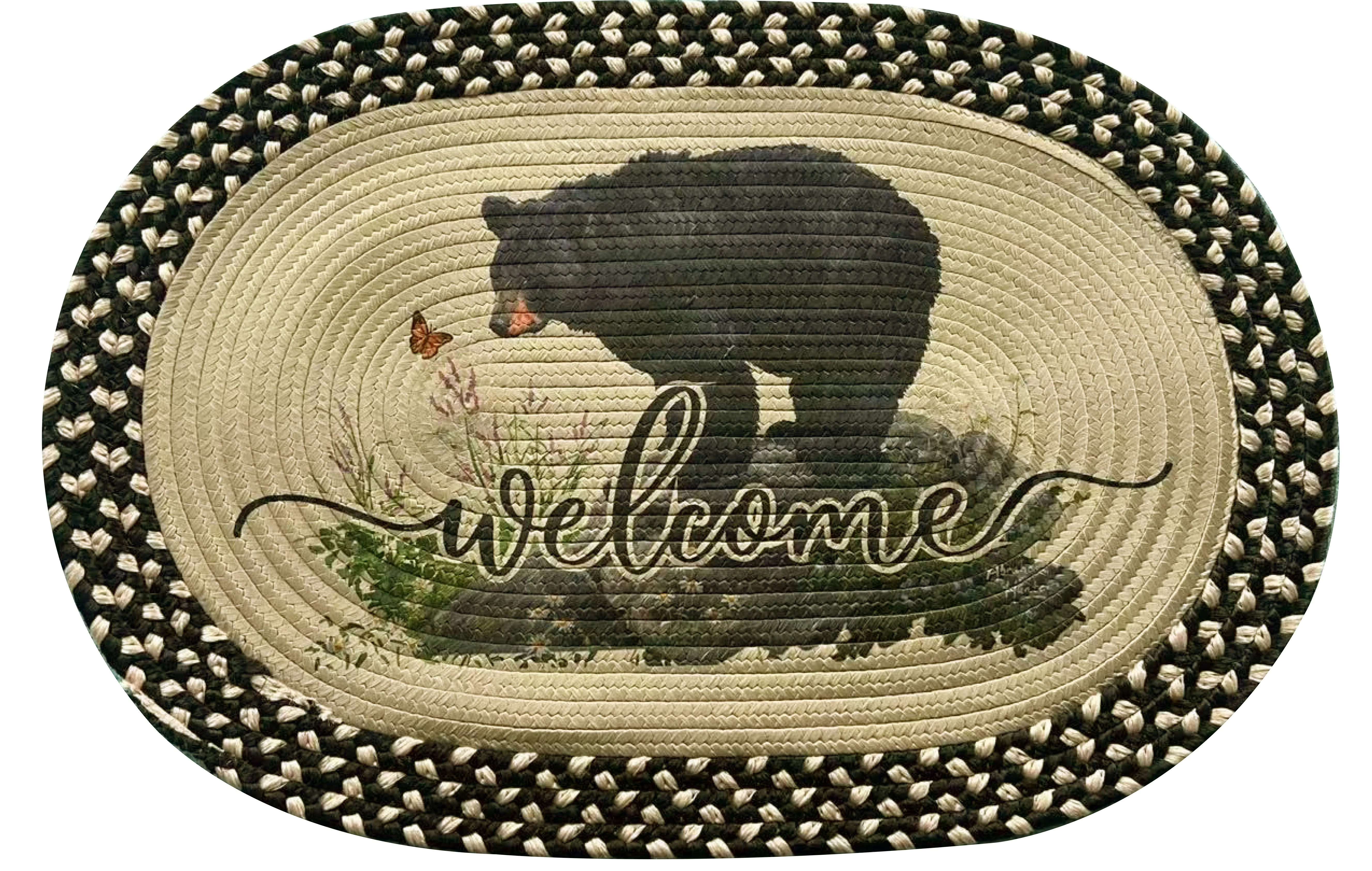 Carefully Designed Braided Rug 26-inch Oval-Bear Butterfly Watching Secure
