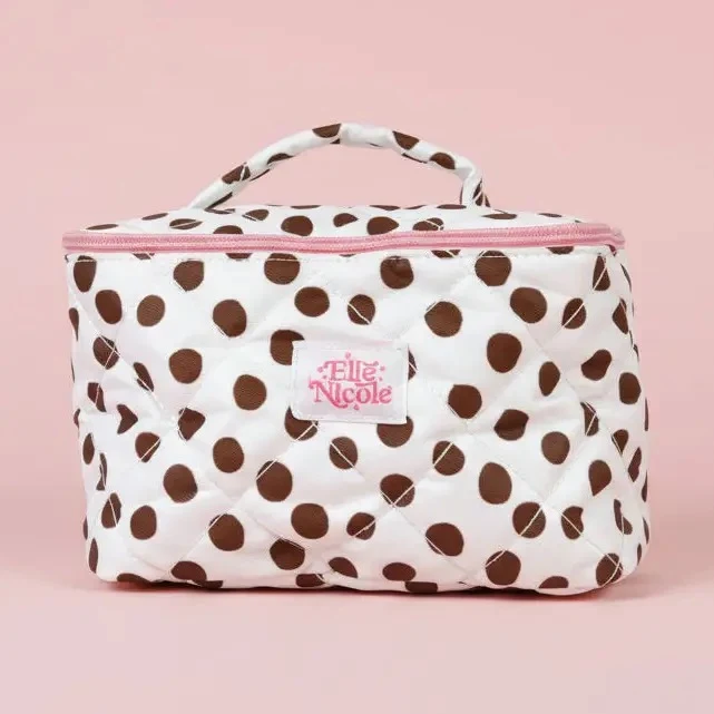 Smooth Quilted Handle Cosmetic Bag - Brown Polka Dots Original Design