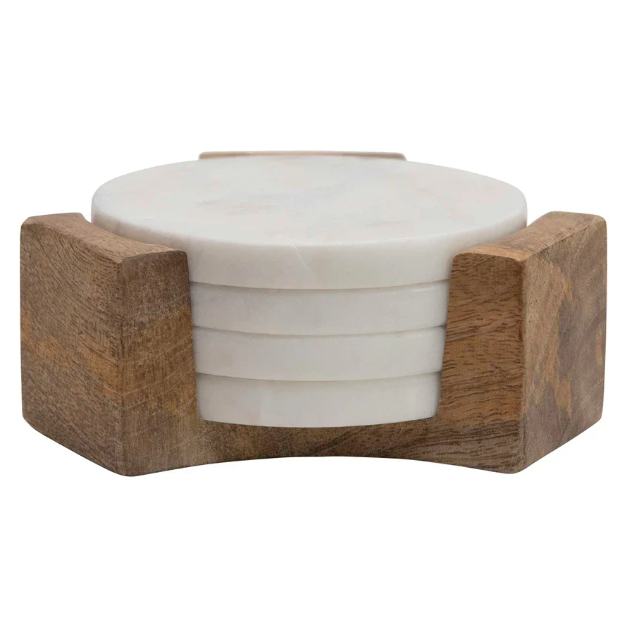 World-Class Marble Coasters in Wood Holder Long-Lasting