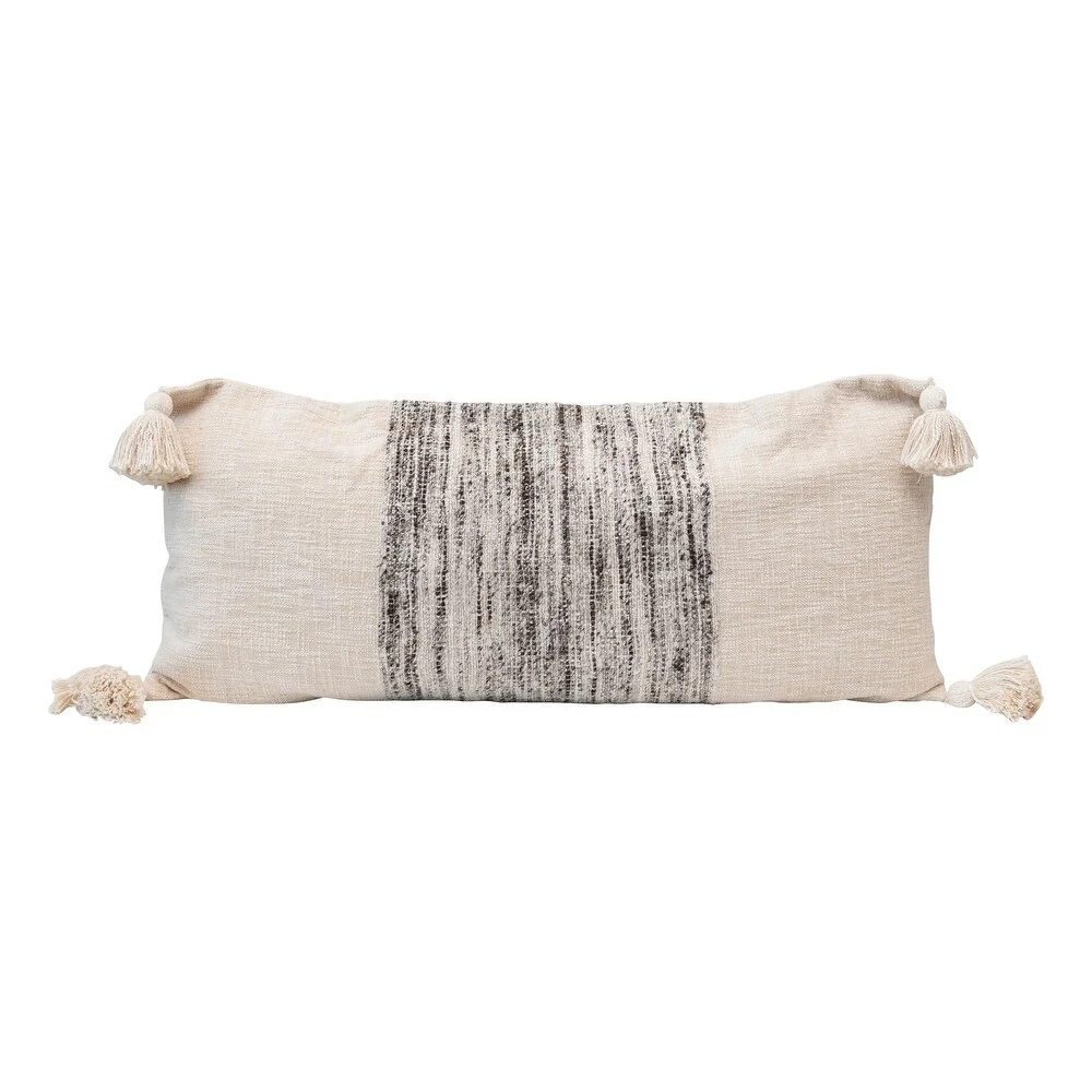 Powerful Lumbar Pillow Cotton Varigated Grey Tassels Cream Efficient