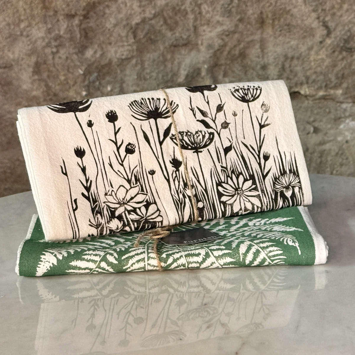 Organic Handcrafted Printed Black White Floral Tea Towel Functional
