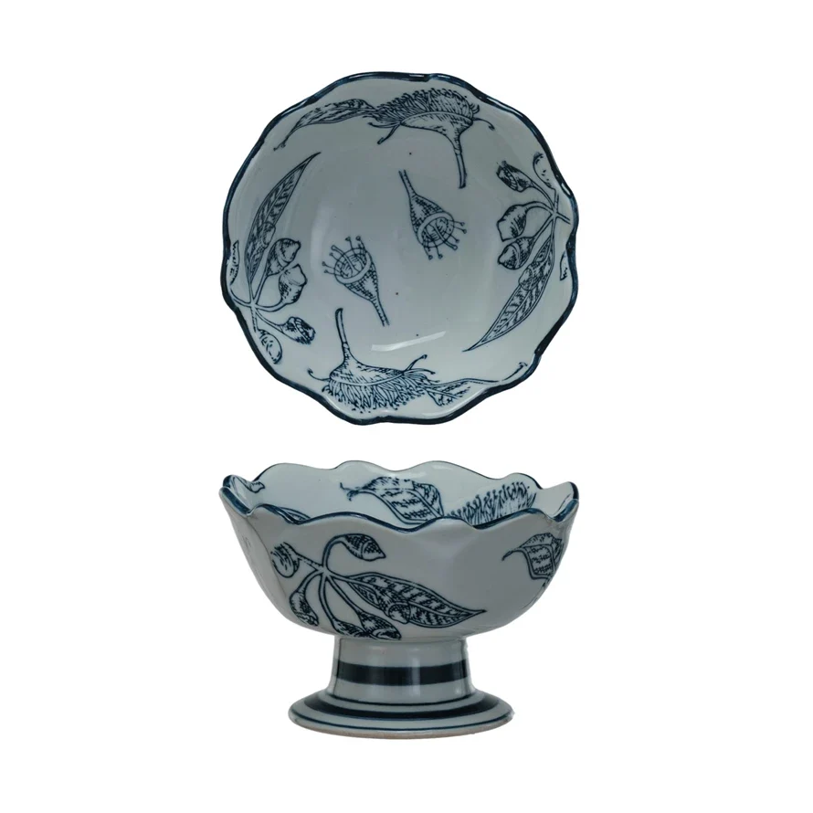 High-Performance Hand-Stamped Stoneware Footed Bowl w Botanicals Detailed