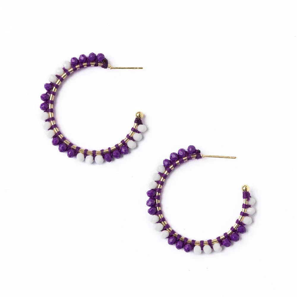 Smart Game Day Crystal Threaded Beads Hoop Earrings Purple White Carefully Designed