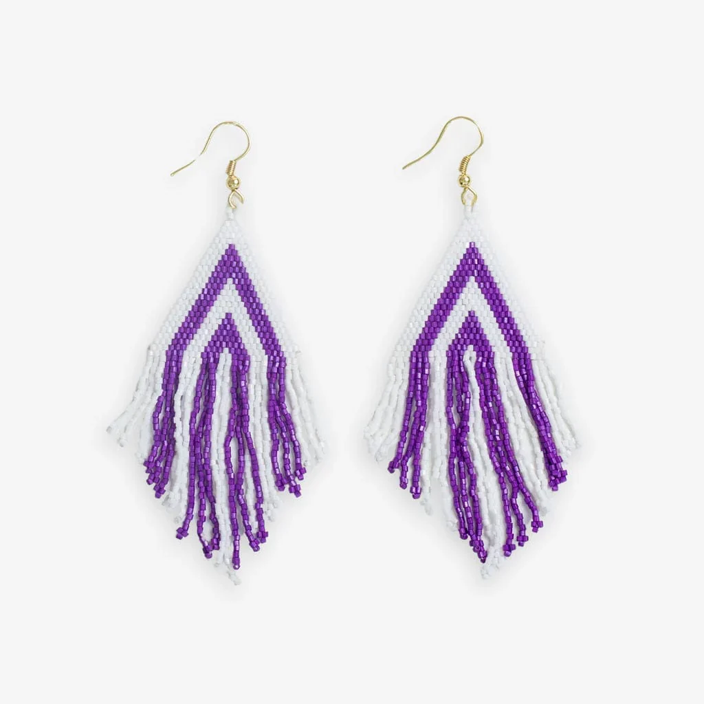 Green Gameday Stacked Triangle Beaded Fringe Earrings Purple White Certified