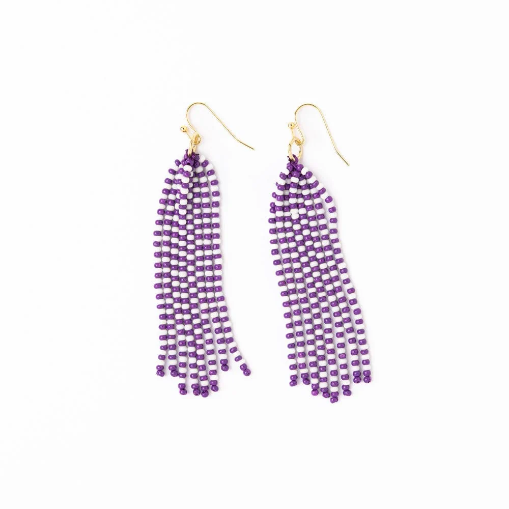 Original Design Game Day Tassel Seed Bead Earrings Purple White Professional