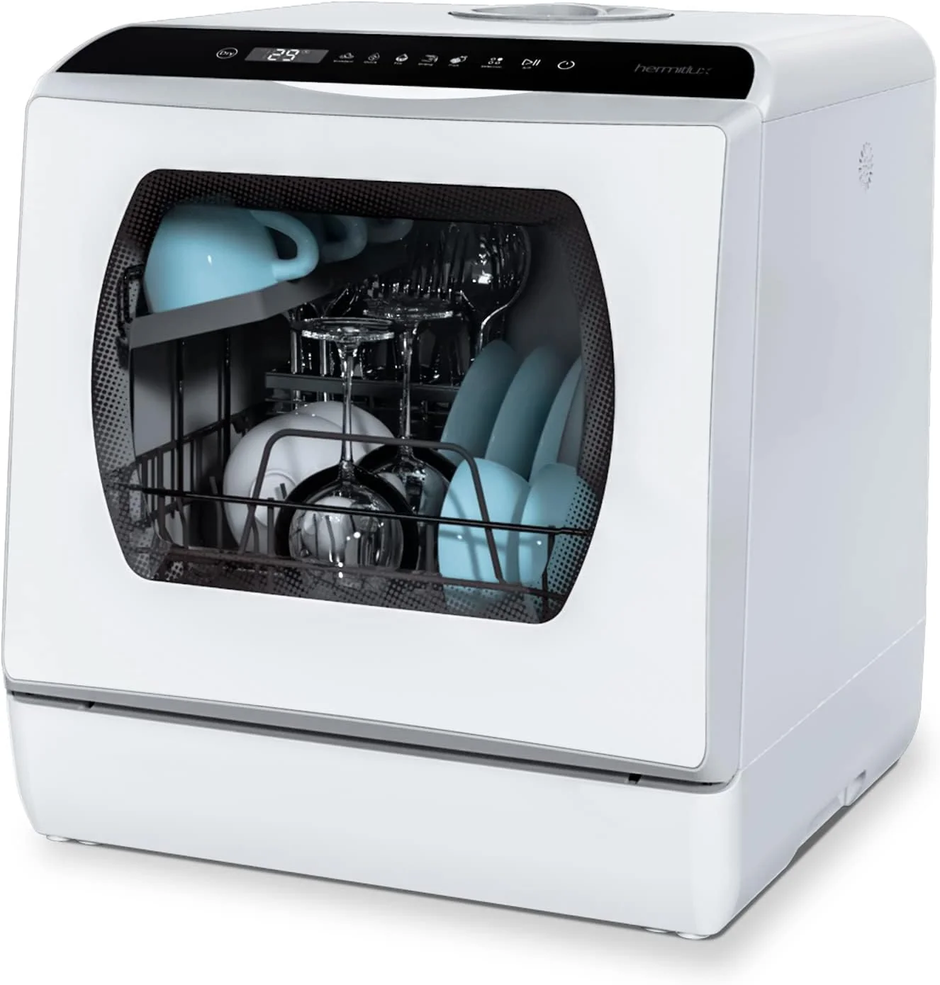 Practical Hermitlux Countertop Dishwasher – 5 Wash Programs 5L Built-in Water Tank Glass Door Exclusive
