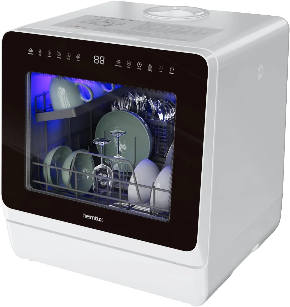 Lightweight Hermitlux Countertop Dishwasher – 7 Wash Programs 5L Built-in Water Tank LED Light Glass Door No Hookup Needed Selected