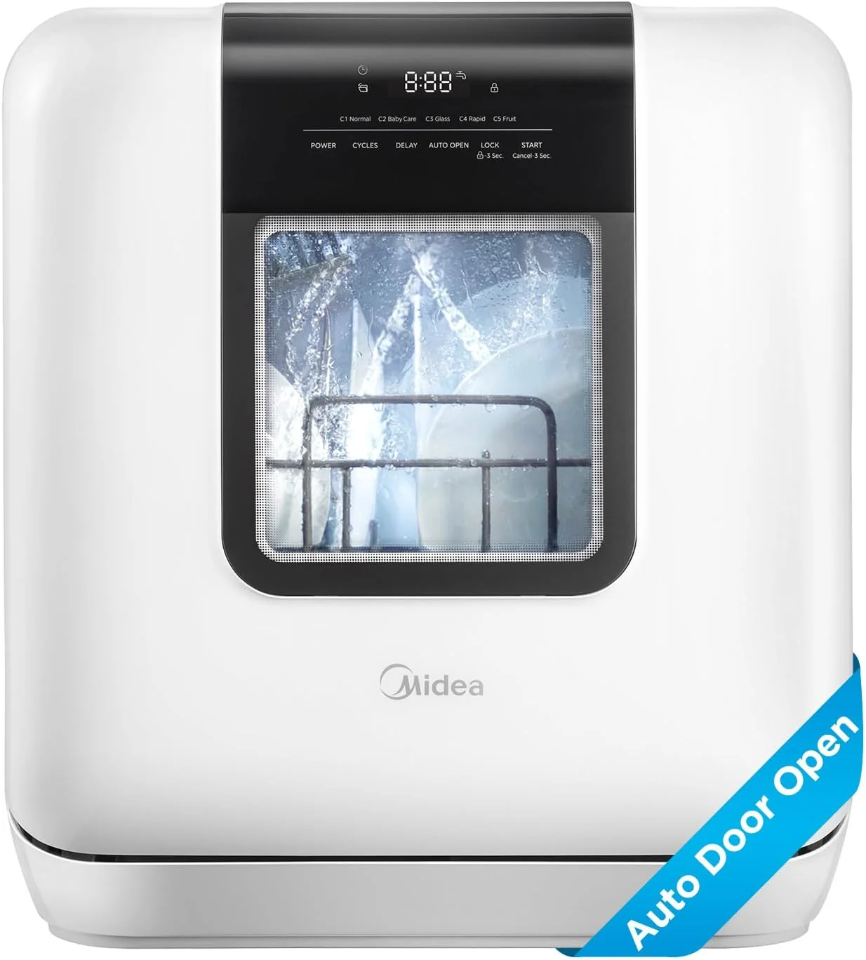 Environmentally Friendly Midea MDC17P2DWW Countertop Dishwasher – Portable with 6L Built-in Water Tank 5 2 Programs Auto Door Open Dual Drying System White Smooth