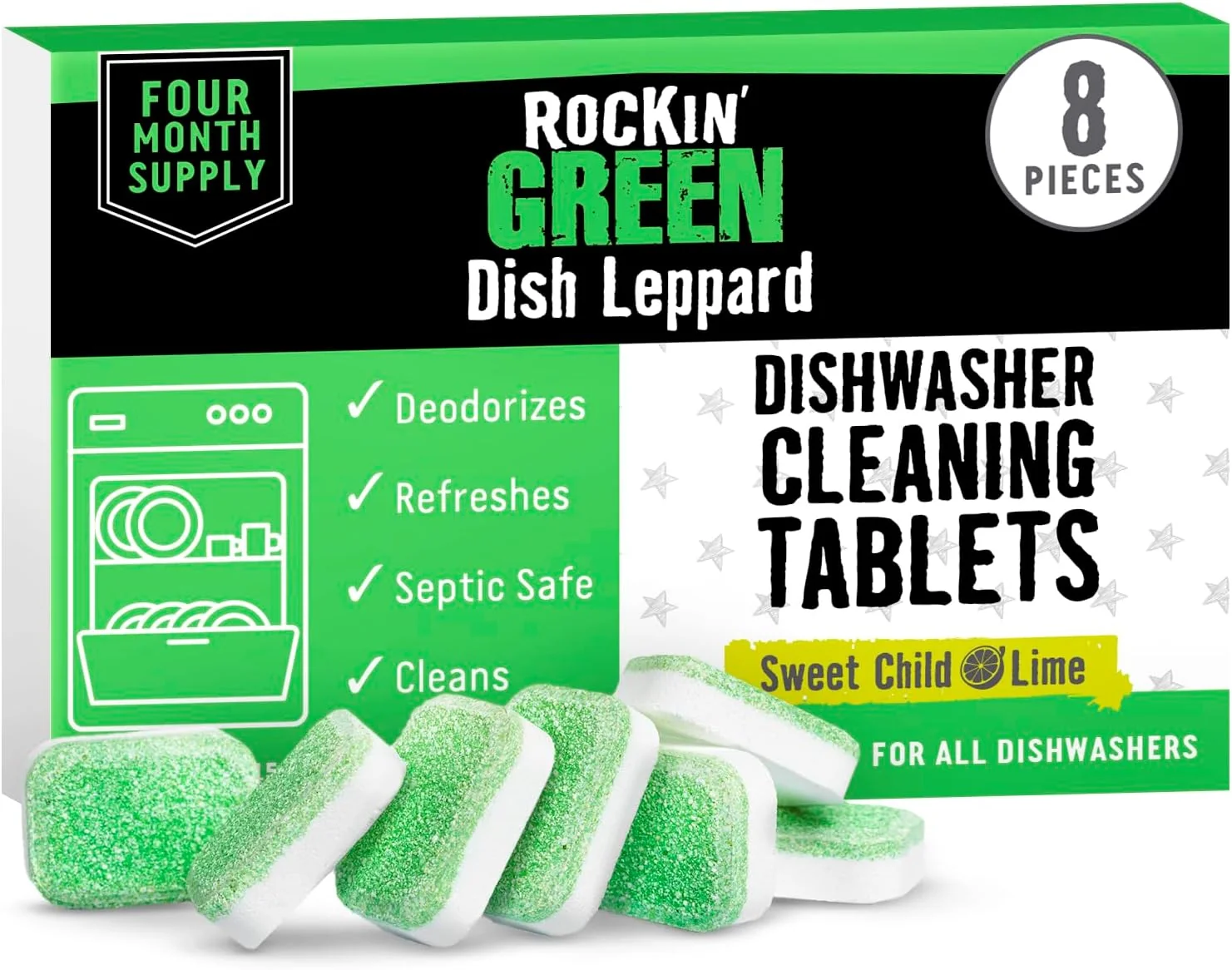 First-Class Rockin' Green Dishwasher Cleaner Tablets 8 Pack - Septic Safe Dishwasher Cleaning Tablets Dishwasher Cleaner and Deodorizer Responsible