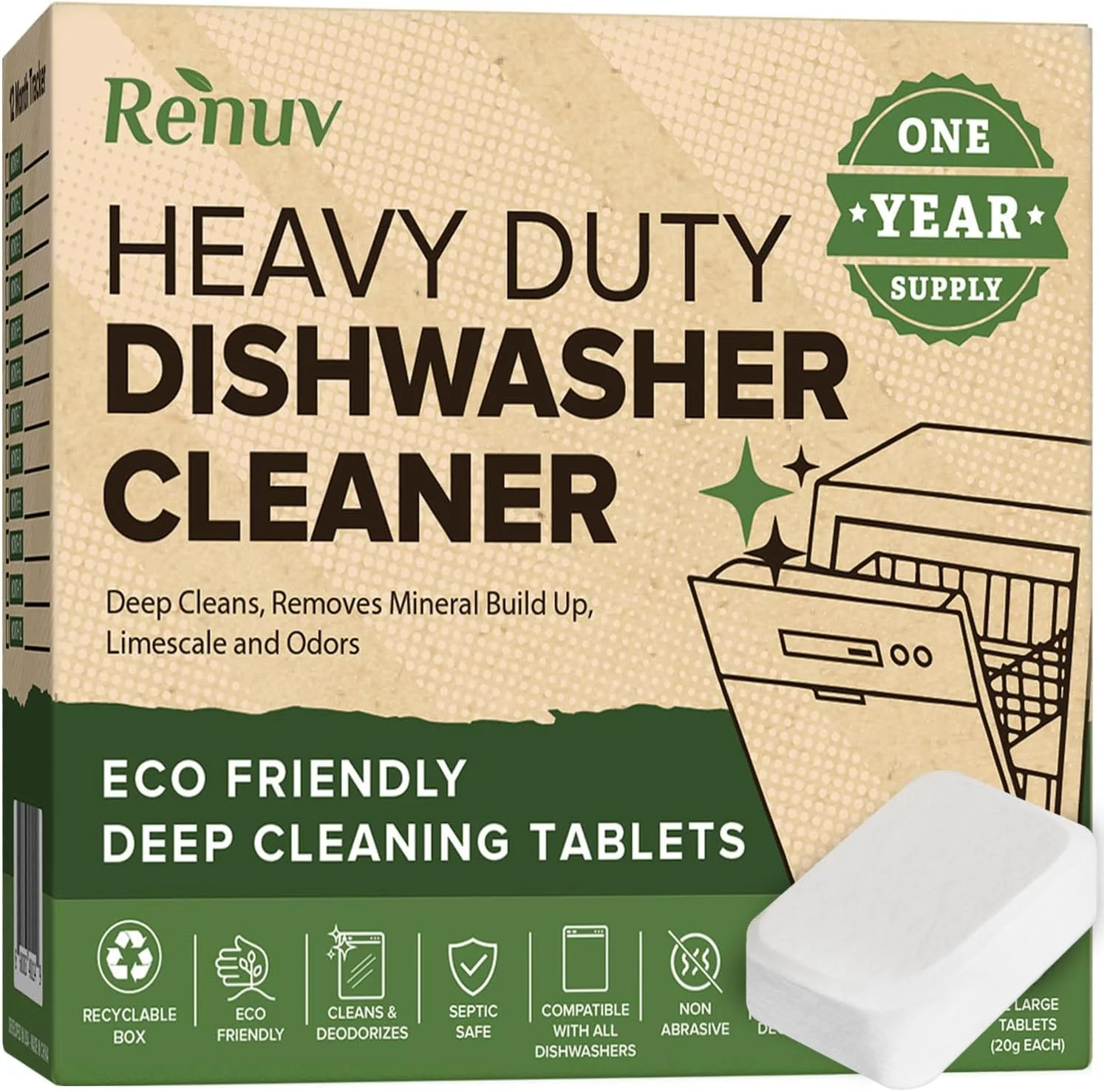 Excellent Heavy Duty Dishwasher Cleaner and Deodorizer Tablets Descaler Deep Cleaning Natural Odor and Smell Remover Calcium Limescale Hard Water Marks Enhanced