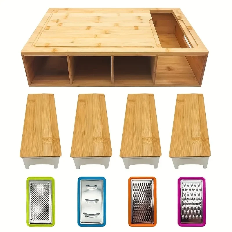 Versatile Bamboo Cutting Board with 4 Slide-Out Prep Trays Selected