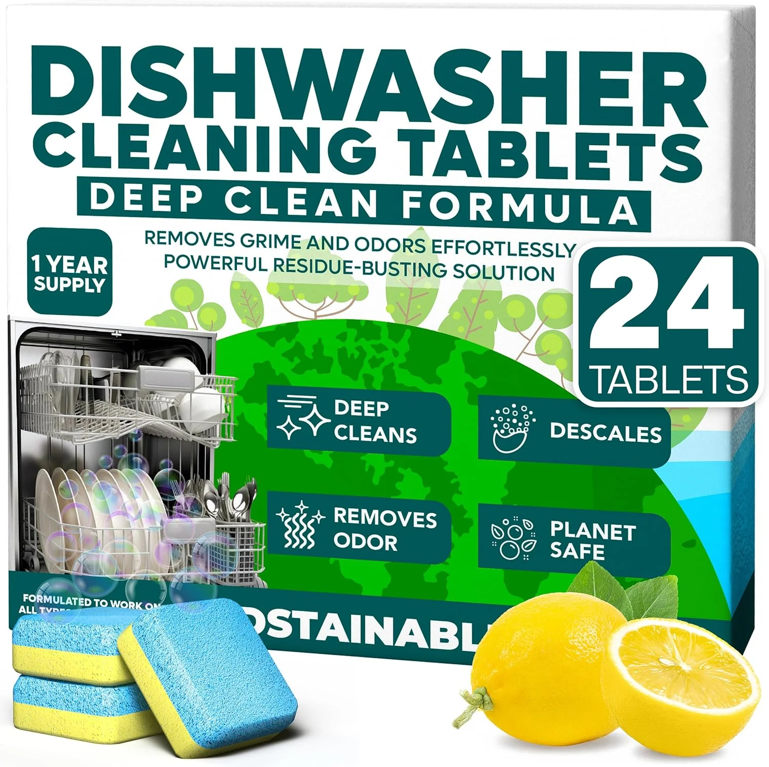 Superior Sudstainables Dishwasher Cleaner and Deodorizer Tablets 24 Pack – Dishwasher Cleaning Tablets for Odor and Buildup Removal Descaler - 1-Year Supply Original Design