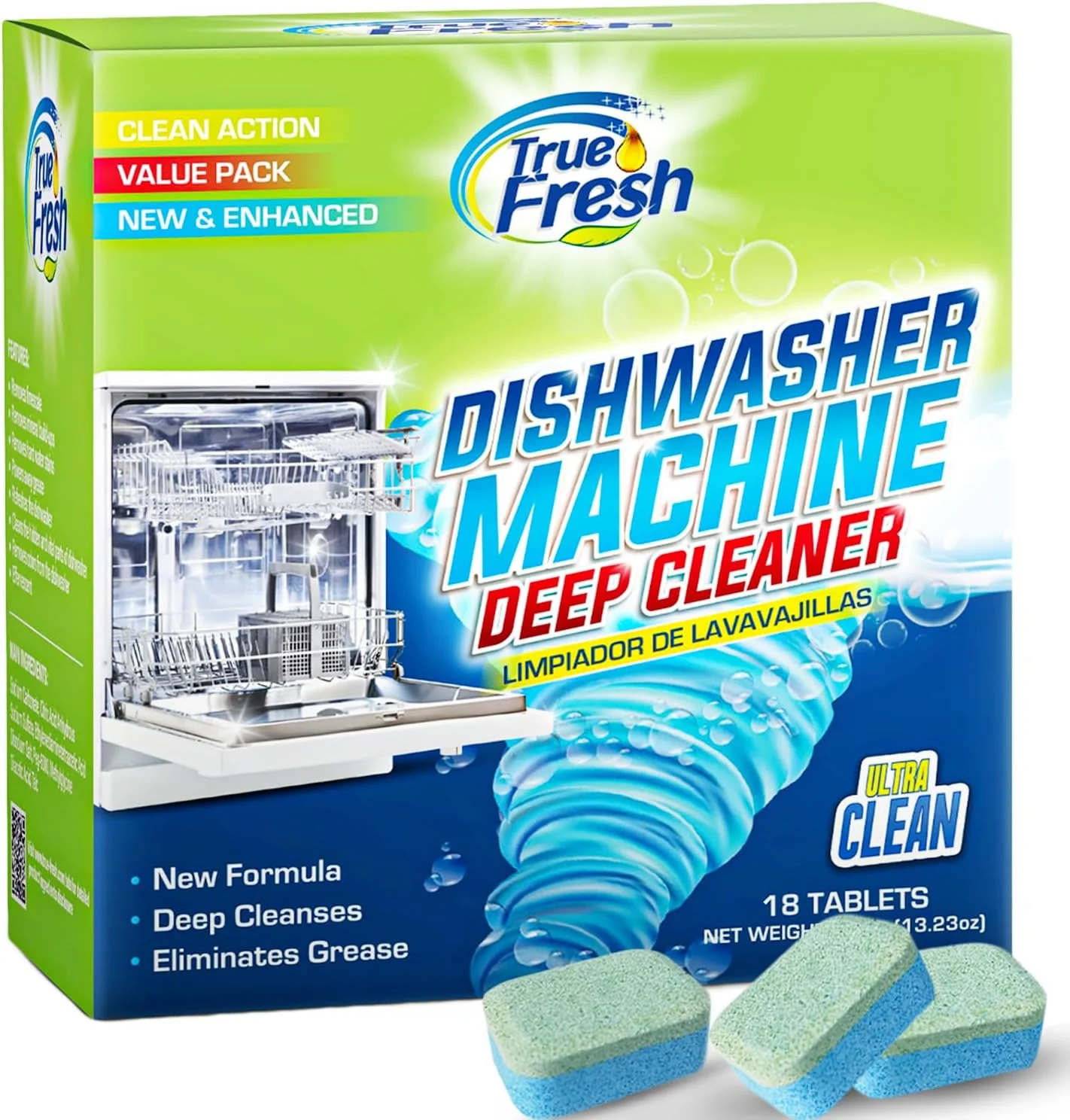 Official True Fresh Dishwasher Cleaner Deodorizer Tablets 18-Pack 20g Each - Powerful Limescale Odor Removal - Deep Clean for Sparkling Dishwashers User-Friendly